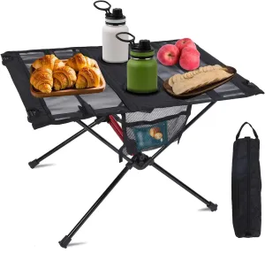 Portable Folding Camping Table with Aluminum Alloy Frame, 2 Cup Holders & Side Pockets - Compact Picnic Beach Table for Outdoor Hiking BBQ Travel