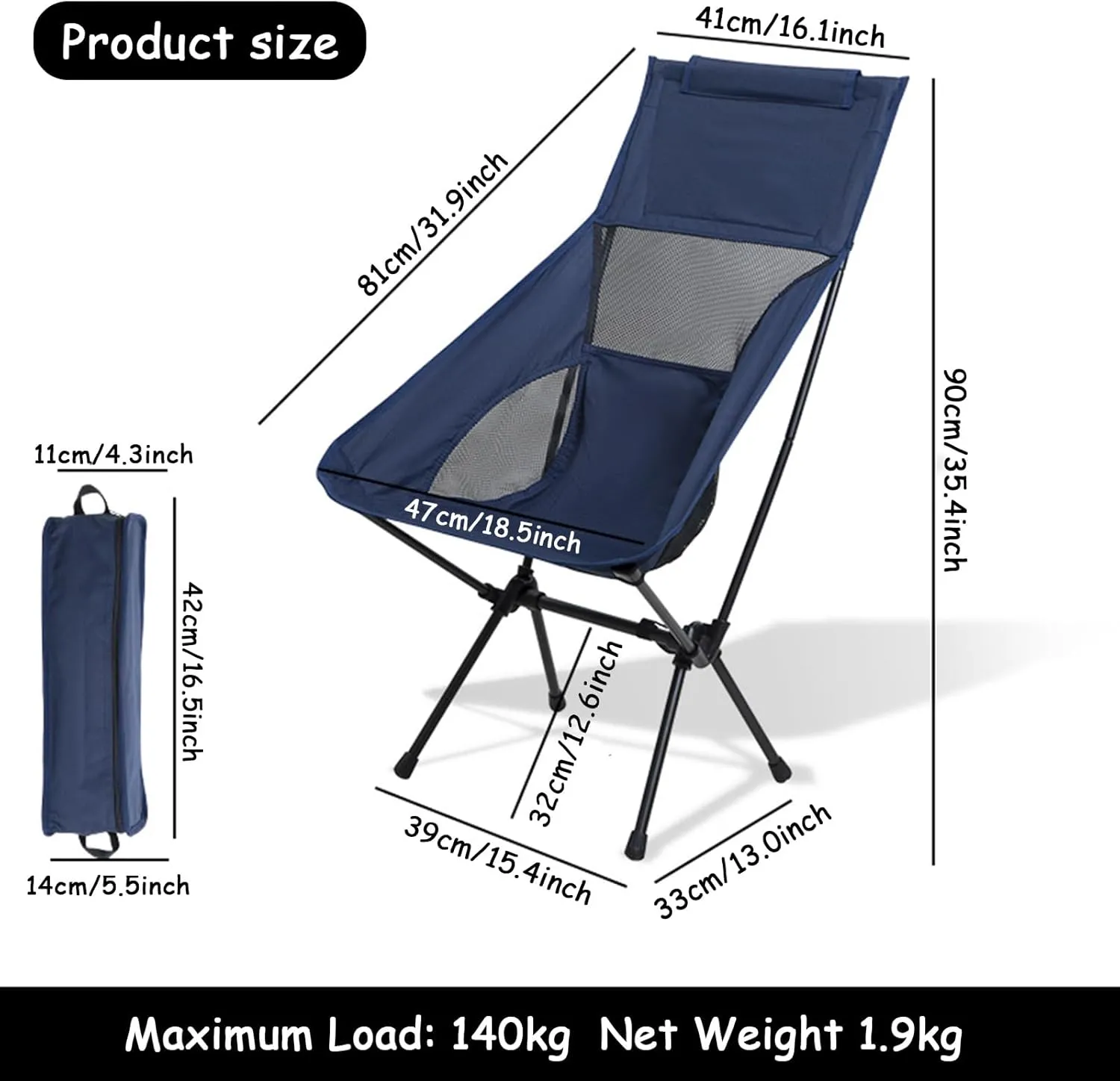 Portable High Back Camping Chair, Aluminum Frame Folding Camp Chair for Adults, Lightweight Compact with Carry Bag, Folding Backpacking Chair for Travel, Hiking, Beach, Fishing,Navy Blue