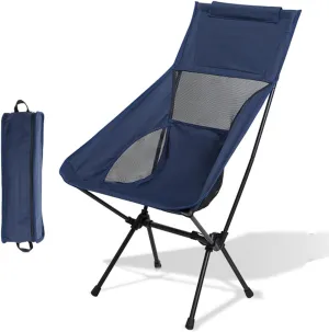 Portable High Back Camping Chair, Aluminum Frame Folding Camp Chair for Adults, Lightweight Compact with Carry Bag, Folding Backpacking Chair for Travel, Hiking, Beach, Fishing,Navy Blue