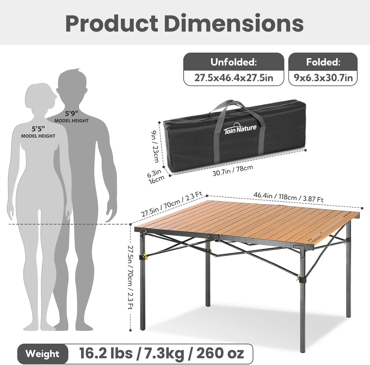 Portable Outdoor Camping Table Large for 2-6 Person - Foldable Camp Table with Aluminum Roll-Up Top & Carry Bag for BBQ, Tailgating, Backyard, 220 Lbs Capacity, Stable & Sturdy (Natural)