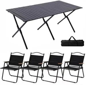 Portable Picnic Table Chairs Set, Folding Roll up Carbon Steel Camp Side Camping Lightweight Foldable Compact for Patio Beach