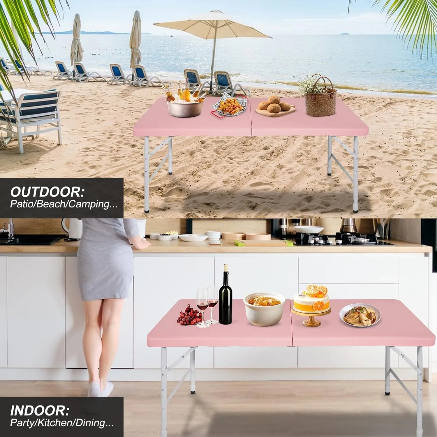 Portable Plastic Folding Table 4ft/6ft/8ft Heavy Duty White Black Picnic Dining Table Fold-in-Half for Camp Party Kitchen Indoor Outdoor