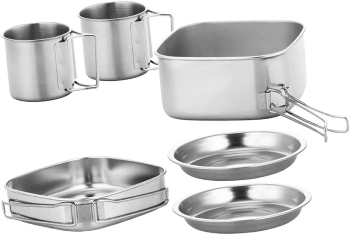 Portable Stainless Steel Cookware Camping Supplies Set Stew Pot Frying Pan Plates Cups for Outdoor Activities