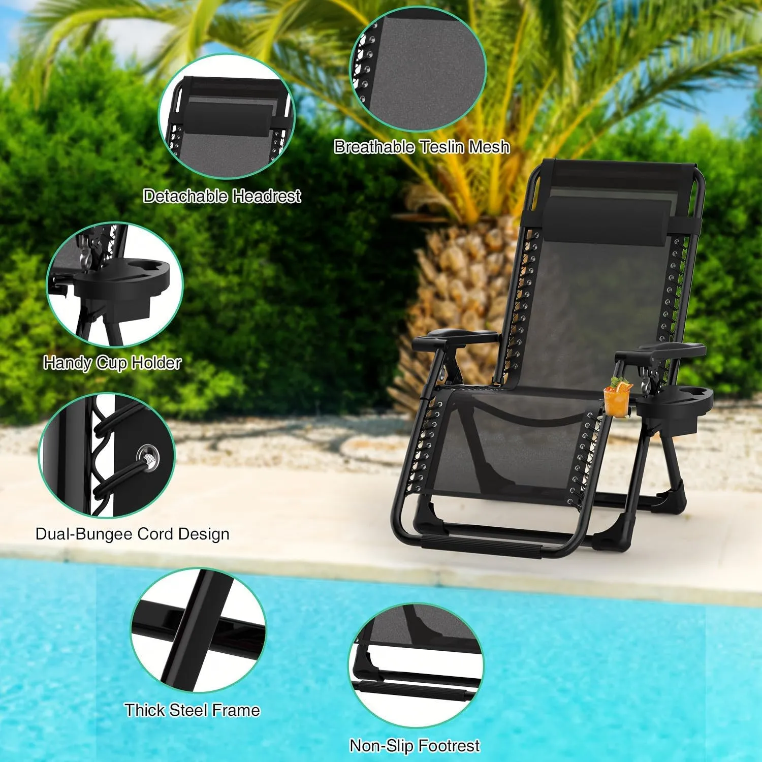Portable Zero Gravity Foldable Lounge Chair Outdoor Recliner Chair with Detachable Cushion Cup Holder and Pillow for Beach Pool Garden Yard Deck(5-9 Days Delivery) (Gray,1)
