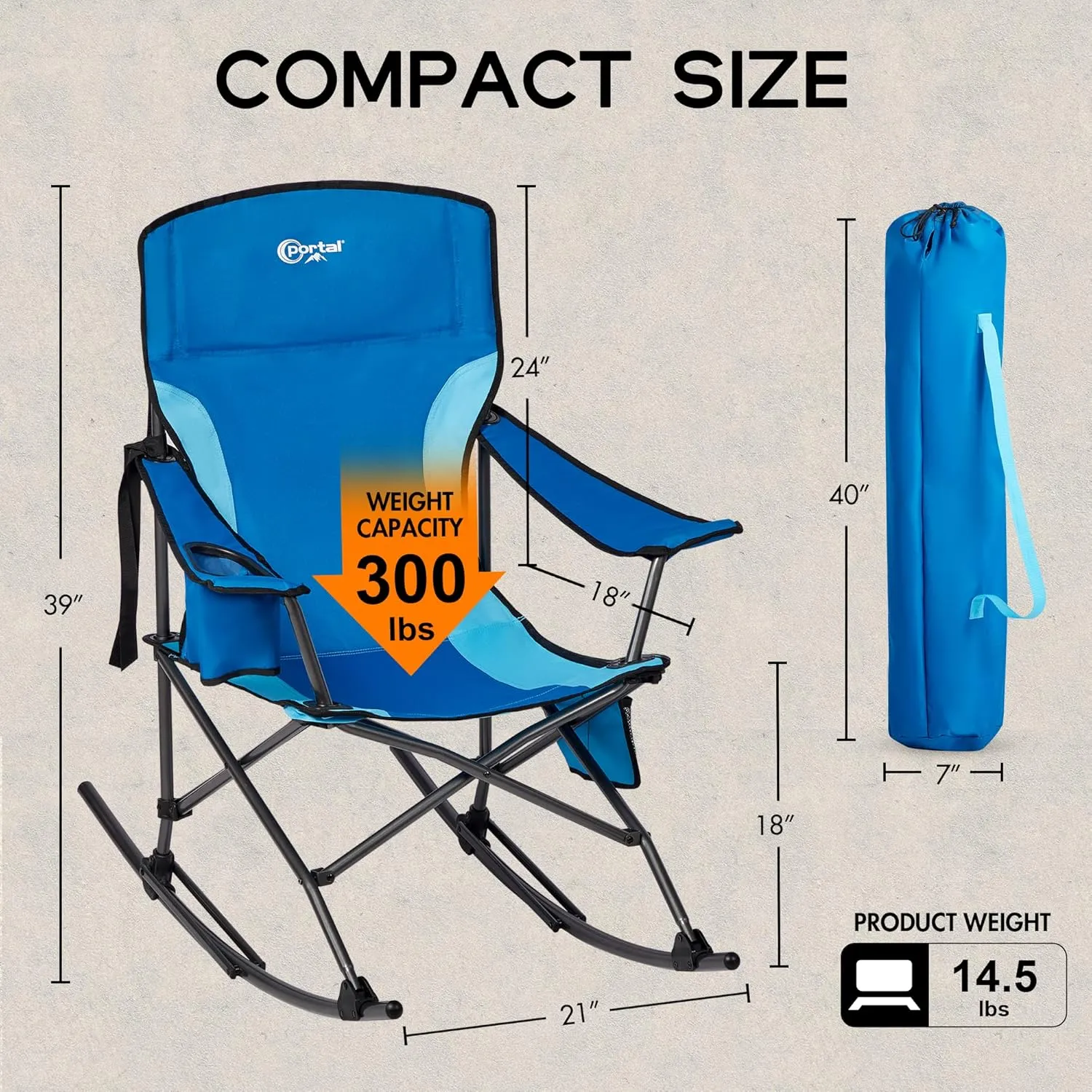 PORTAL Folding Camping Rocking Chair Portable Outdoor Rocker High Back Cup Holder Side Pocket Carry Bag Included, Support 300 lbs