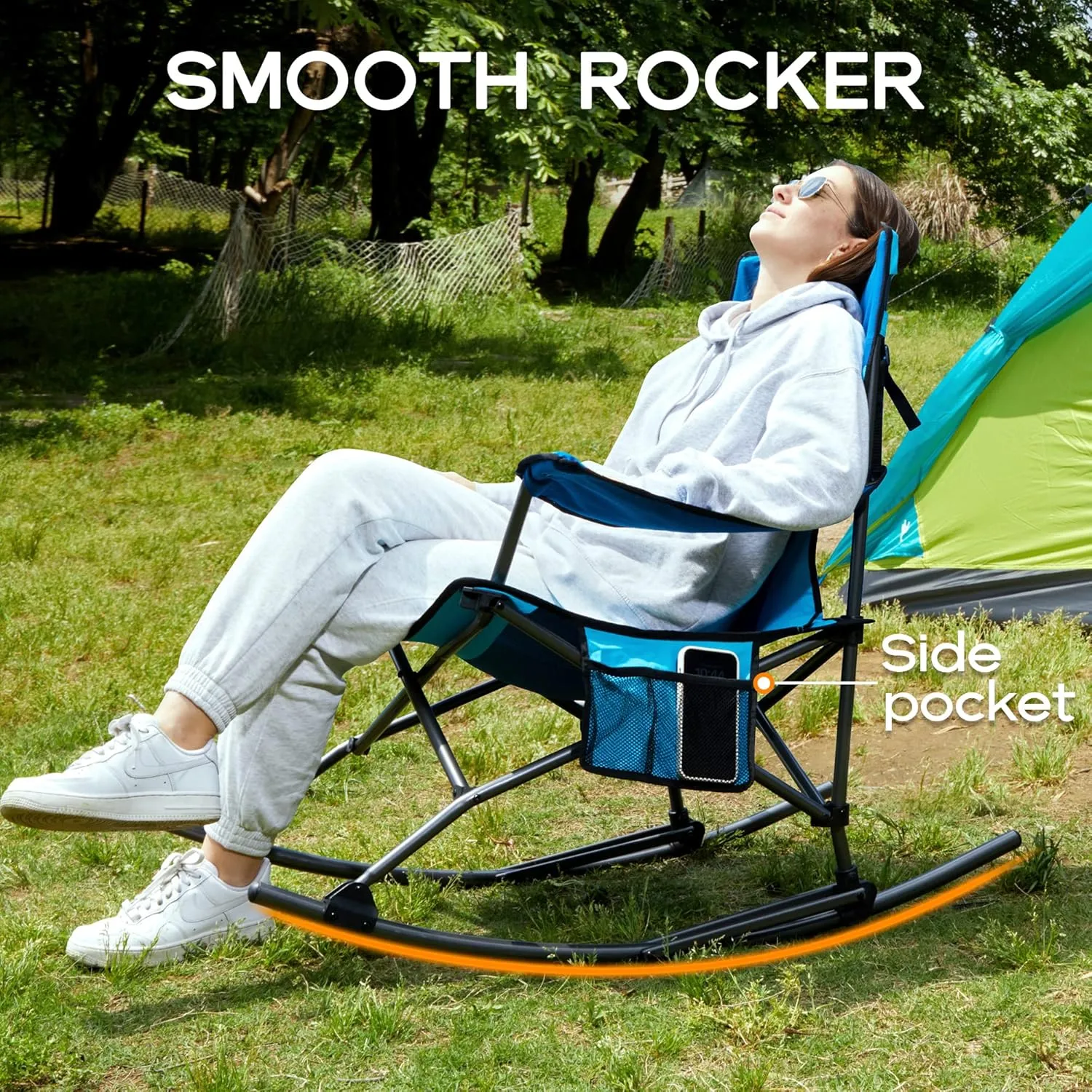 PORTAL Folding Camping Rocking Chair Portable Outdoor Rocker High Back Cup Holder Side Pocket Carry Bag Included, Support 300 lbs