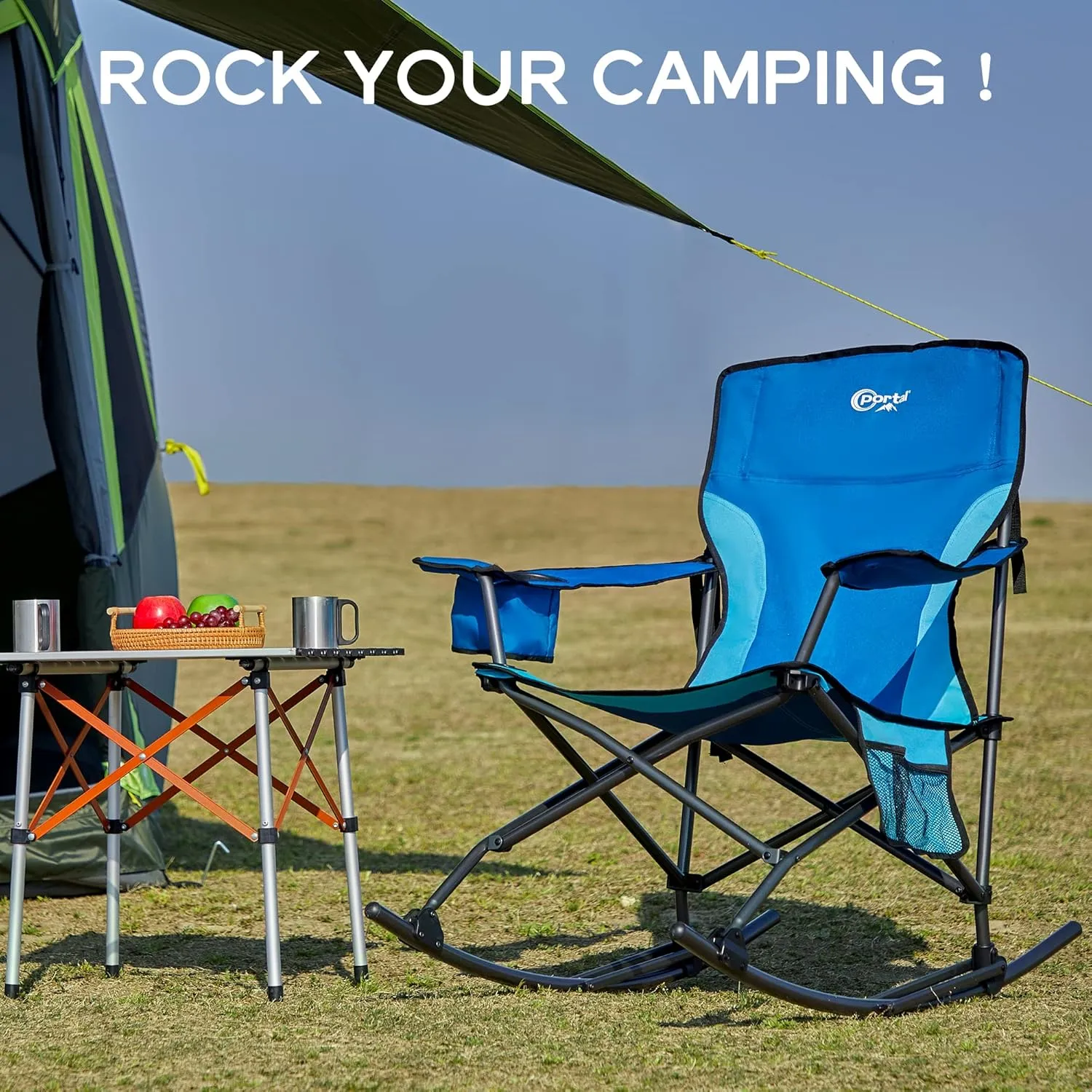PORTAL Folding Camping Rocking Chair Portable Outdoor Rocker High Back Cup Holder Side Pocket Carry Bag Included, Support 300 lbs