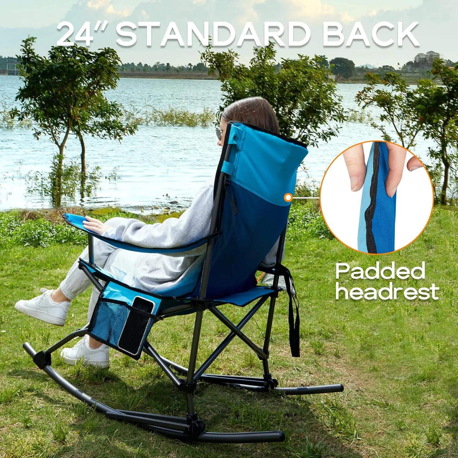 PORTAL Folding Camping Rocking Chair Portable Outdoor Rocker High Back Cup Holder Side Pocket Carry Bag Included, Support 300 lbs