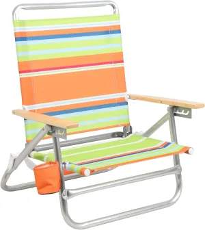 PORTAL Folding Camping Sand Beach Chair, Aluminum Lightweight 4 Positions Chair Recliner with Wood Armrest Cup Holder Carry Strap