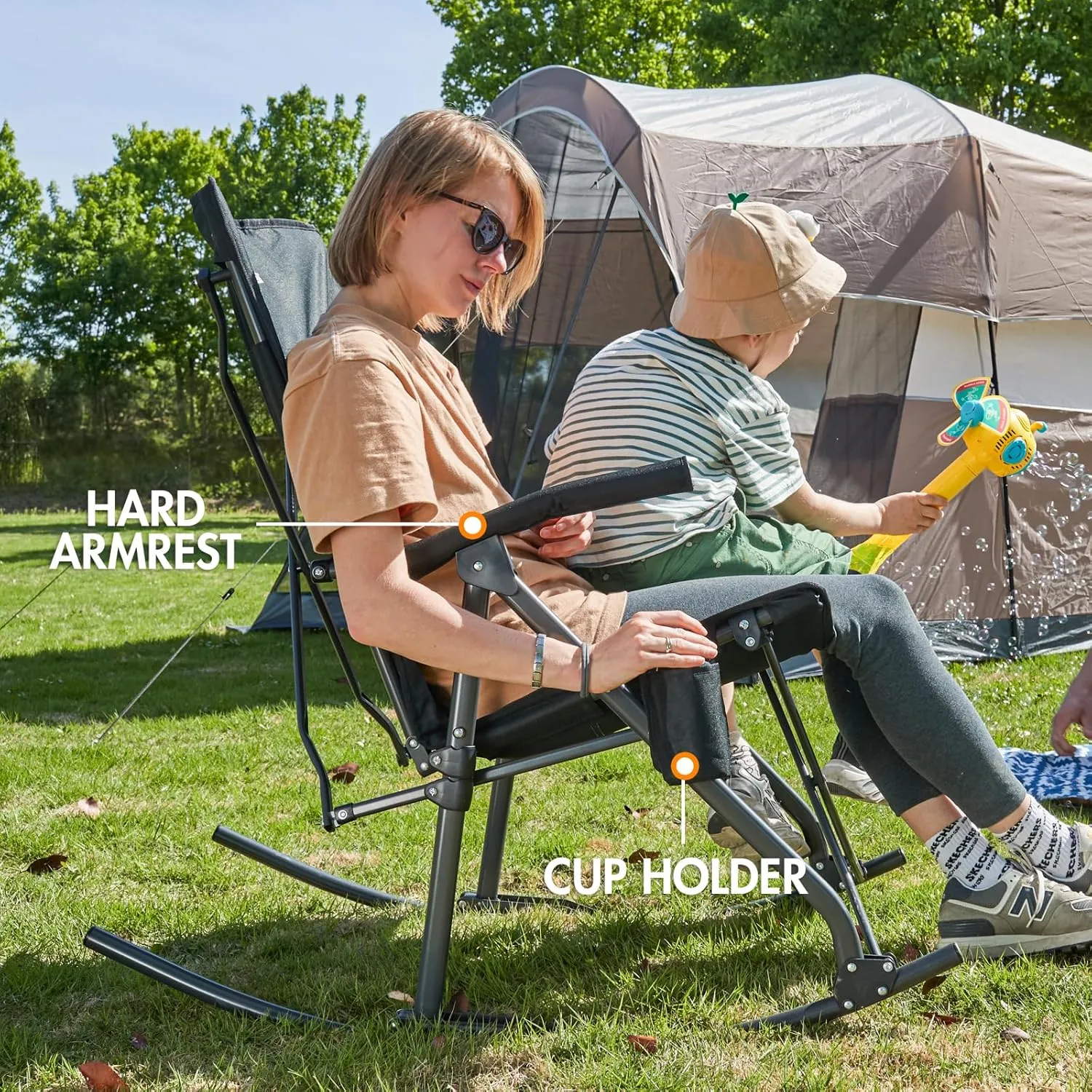 PORTAL Oversized Folding Rocking Camping Chair Portable Outdoor Rocker with High Back Hard Armrests Carry Bag, Supports 400 lbs, Mesh Back