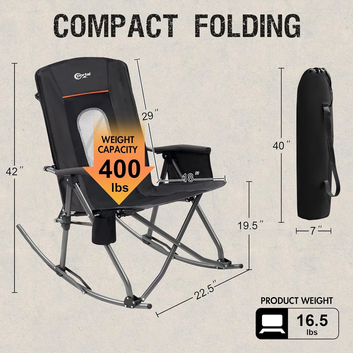 PORTAL Oversized Folding Rocking Camping Chair Portable Outdoor Rocker with High Back Hard Armrests Carry Bag, Supports 400 lbs, Mesh Back