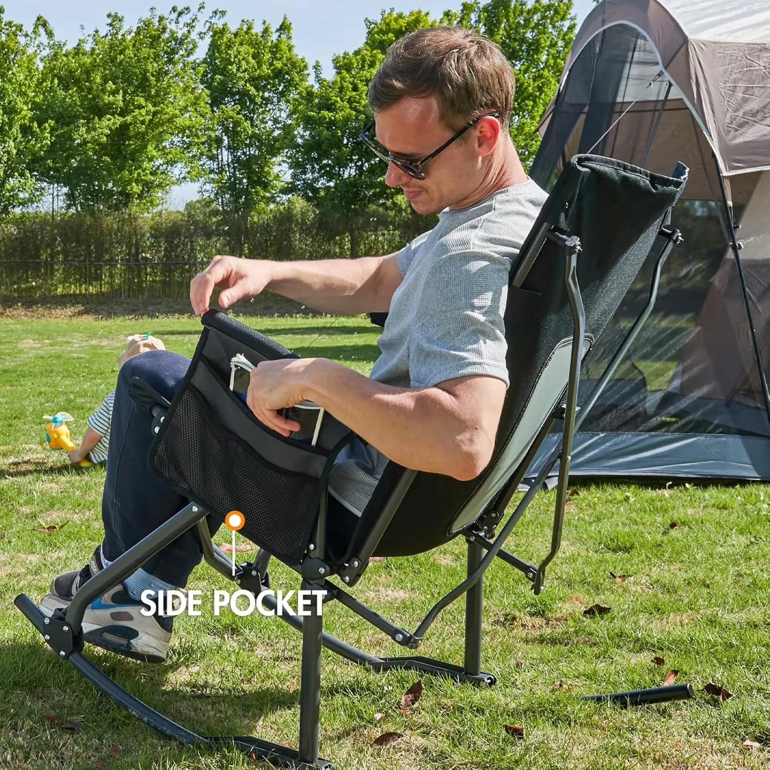 PORTAL Oversized Folding Rocking Camping Chair Portable Outdoor Rocker with High Back Hard Armrests Carry Bag, Supports 400 lbs, Mesh Back