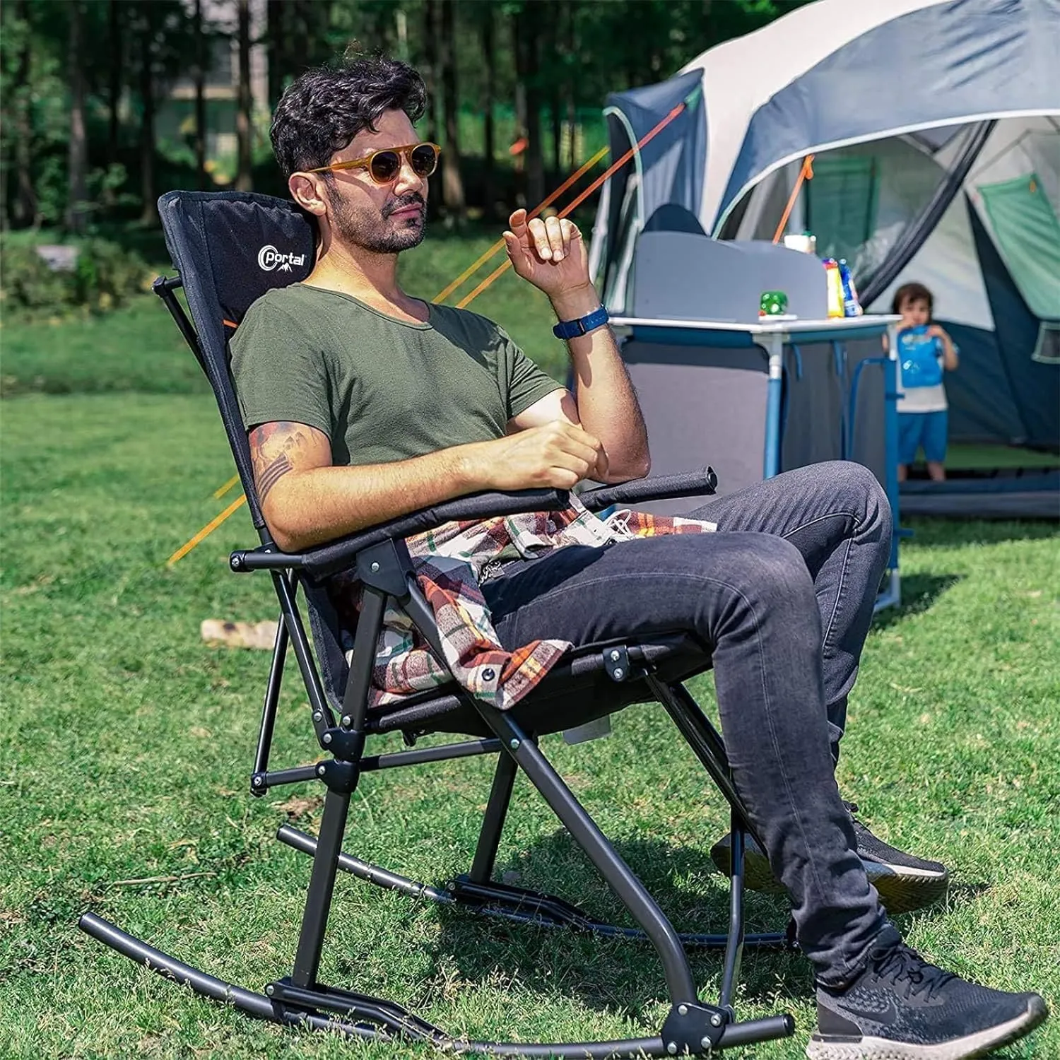 PORTAL Oversized Folding Rocking Camping Chair Portable Outdoor Rocker with High Back Hard Armrests Carry Bag, Supports 400 lbs, Mesh Back