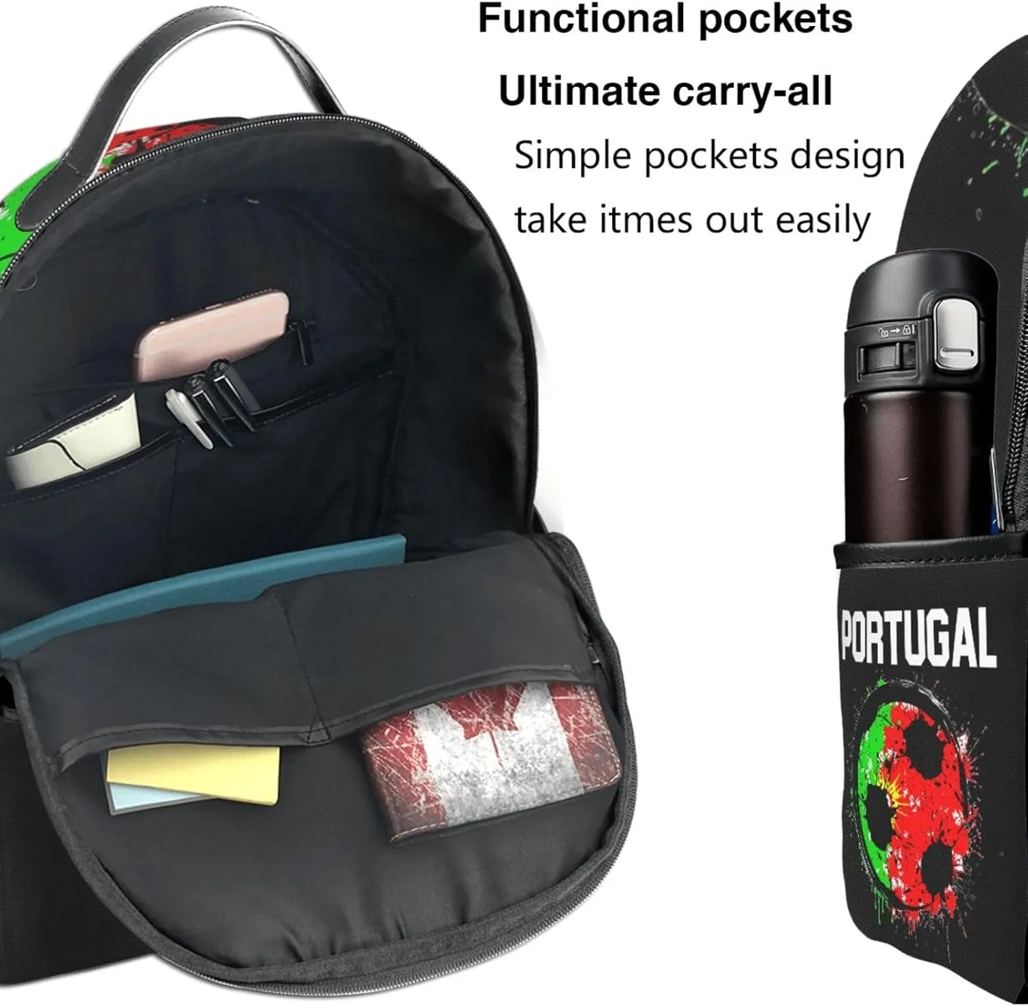 Portugal Soccer Portuguese Football Flag Casual Backpack Travel Backpacks Outdoor Sports Rucksack Lightweight Daypack Fashion Carry-on Bag for Weekender Traveling