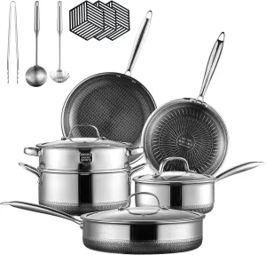 Pots and Pans Set Non Stick 15-Piece Ceramic Hybrid Nonstick Cookware Sets Tri-play Stainless Steel Non-toxic Frying Pan with Glass Lids,Stay-Cool Handles,Induction Dishwasher&Oven Safe
