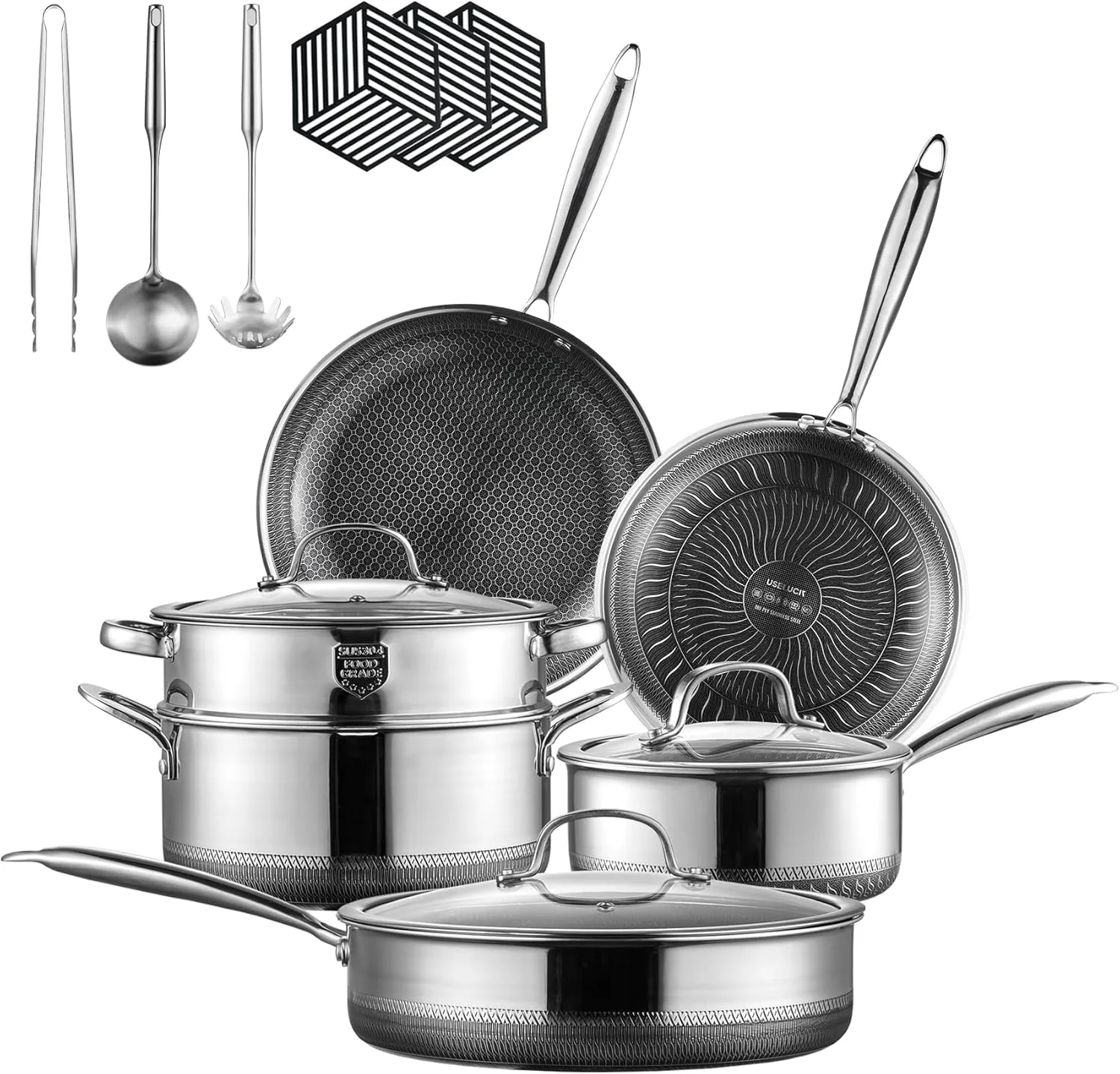 Pots and Pans Set Non Stick 15-Piece Ceramic Hybrid Nonstick Cookware Sets Tri-play Stainless Steel Non-toxic Frying Pan with Glass Lids,Stay-Cool Handles,Induction Dishwasher&Oven Safe