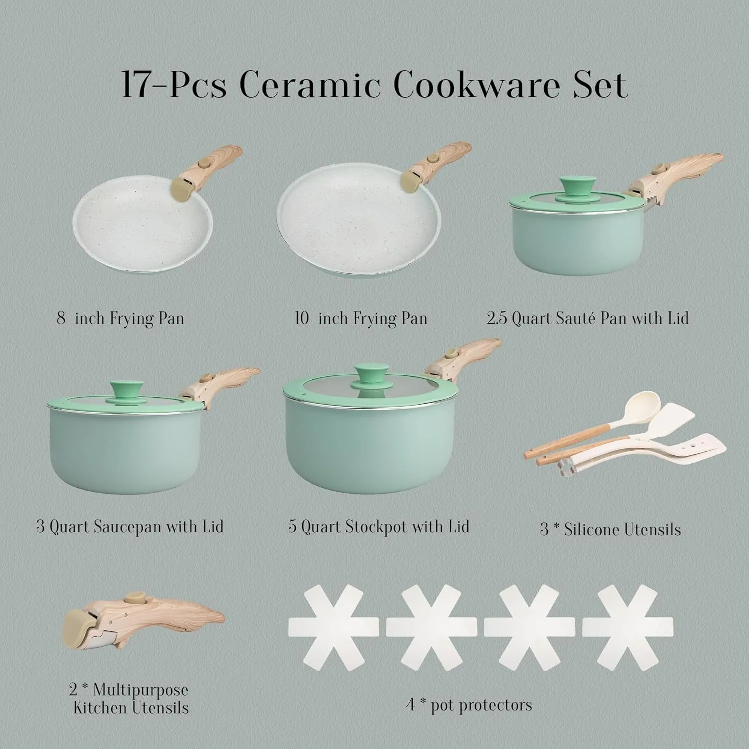 Pots and Pans Set, Non - Stick 17pcs Cookware Sets with Detachable Handles for Easy Storage and Versatile Use in Family Dinners & Daily Cooking