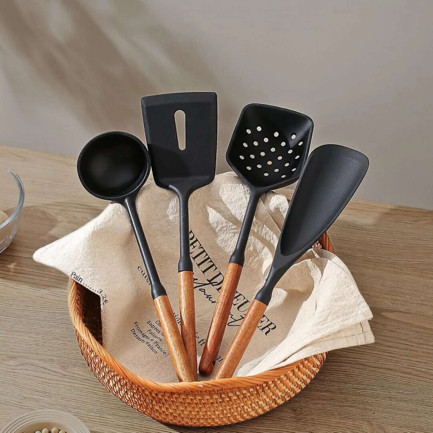 Premium Silicone Cooking Utensils Set - Non-Toxic, Heat-Resistant Kitchen Utensils Set with Food-Grade Silicone & Wood Handles - Includes Spatula & Spoon for Non-Stick Cookware, Black
