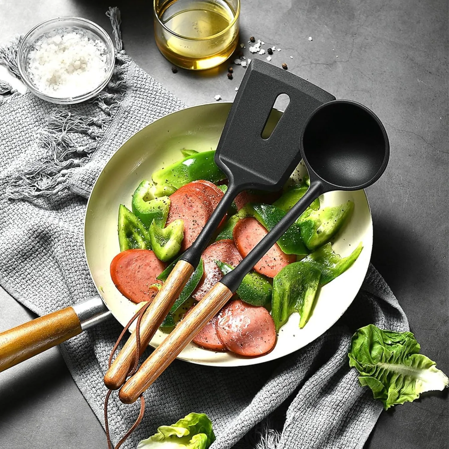 Premium Silicone Cooking Utensils Set - Non-Toxic, Heat-Resistant Kitchen Utensils Set with Food-Grade Silicone & Wood Handles - Includes Spatula & Spoon for Non-Stick Cookware, Black