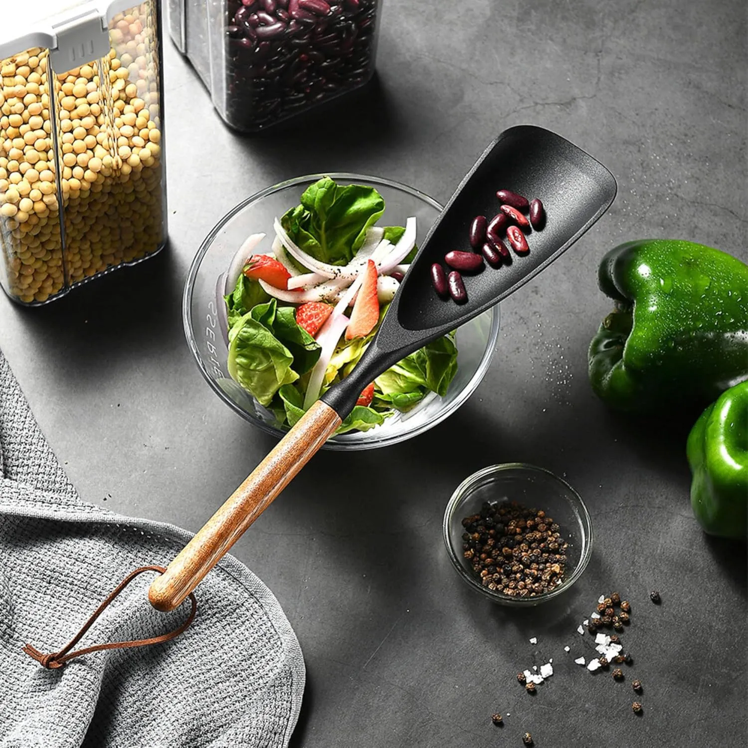Premium Silicone Cooking Utensils Set - Non-Toxic, Heat-Resistant Kitchen Utensils Set with Food-Grade Silicone & Wood Handles - Includes Spatula & Spoon for Non-Stick Cookware, Black