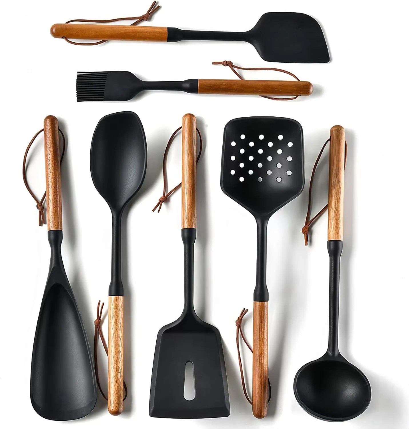 Premium Silicone Cooking Utensils Set - Non-Toxic, Heat-Resistant Kitchen Utensils Set with Food-Grade Silicone & Wood Handles - Includes Spatula & Spoon for Non-Stick Cookware, Black