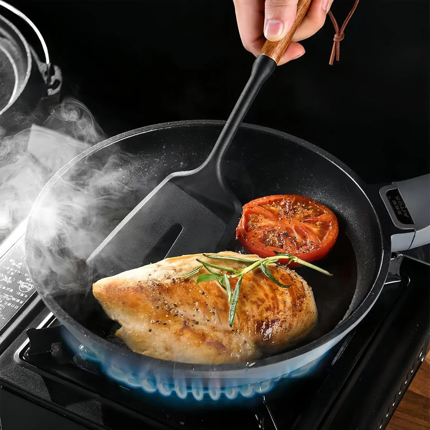 Premium Silicone Cooking Utensils Set - Non-Toxic, Heat-Resistant Kitchen Utensils Set with Food-Grade Silicone & Wood Handles - Includes Spatula & Spoon for Non-Stick Cookware, Black