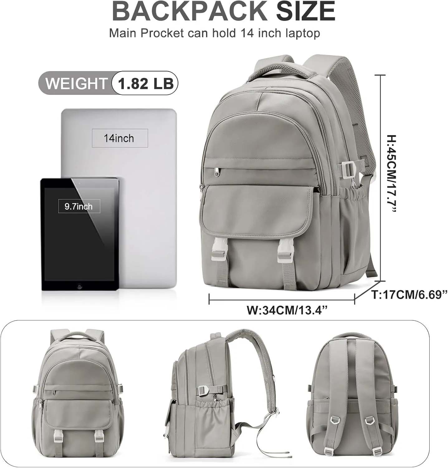 Preppy Middle School Backpack for Teens Girls Boys Waterproof Back pack with Lots of Pockets College Backpack for Women Men Cute School Bag for Students（Gray Brown）