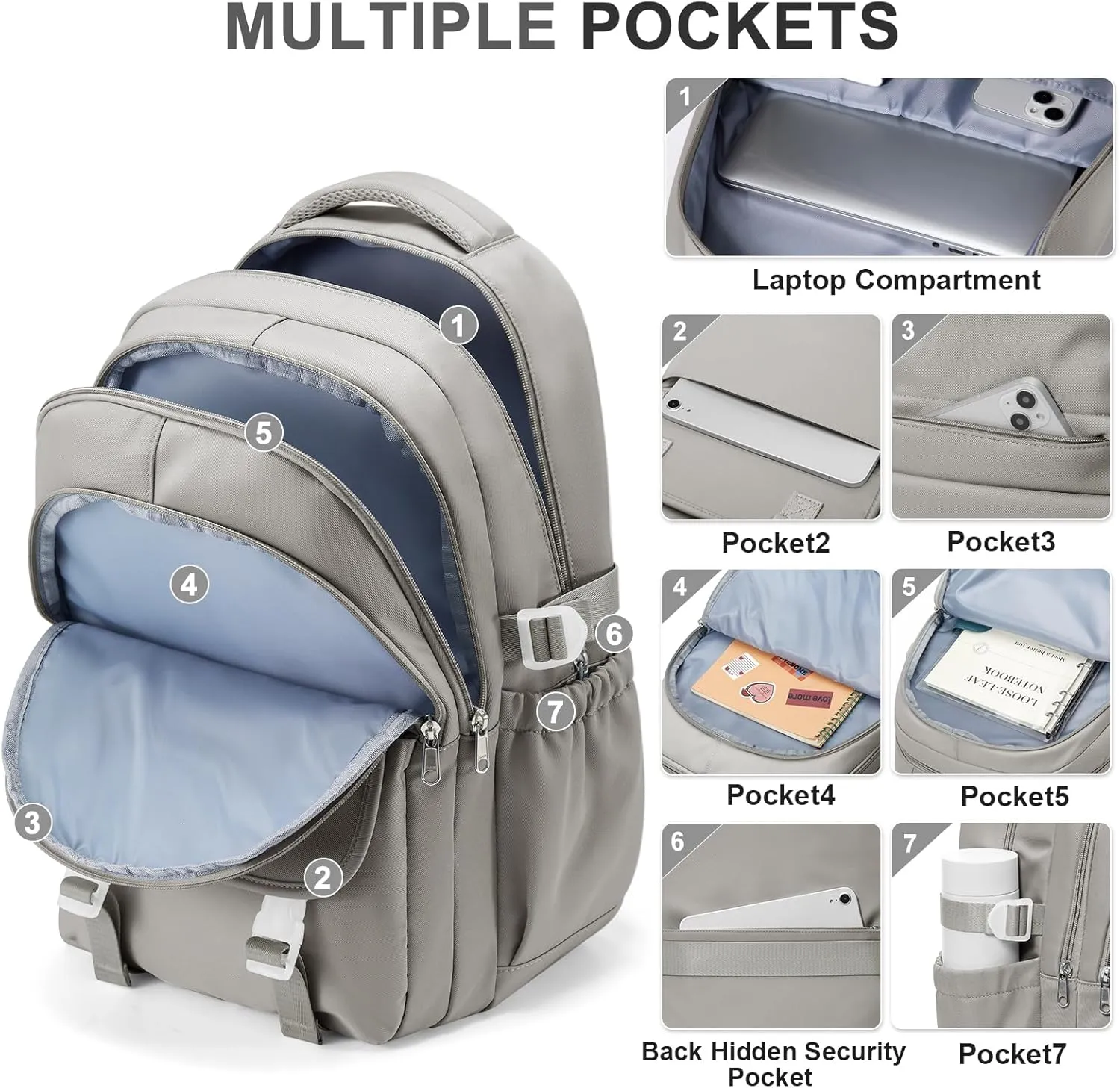 Preppy Middle School Backpack for Teens Girls Boys Waterproof Back pack with Lots of Pockets College Backpack for Women Men Cute School Bag for Students（Gray Brown）