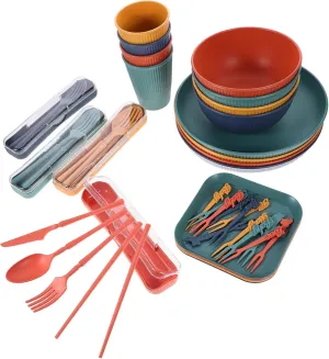 PRETYZOOM 1 Set Wheat Straw Tableware Reusable Lightweight Outdoor Dishes for Camping Picnics Home Use Includes Bowl Plate Cup Cutlery Chopsticks Portable Dining