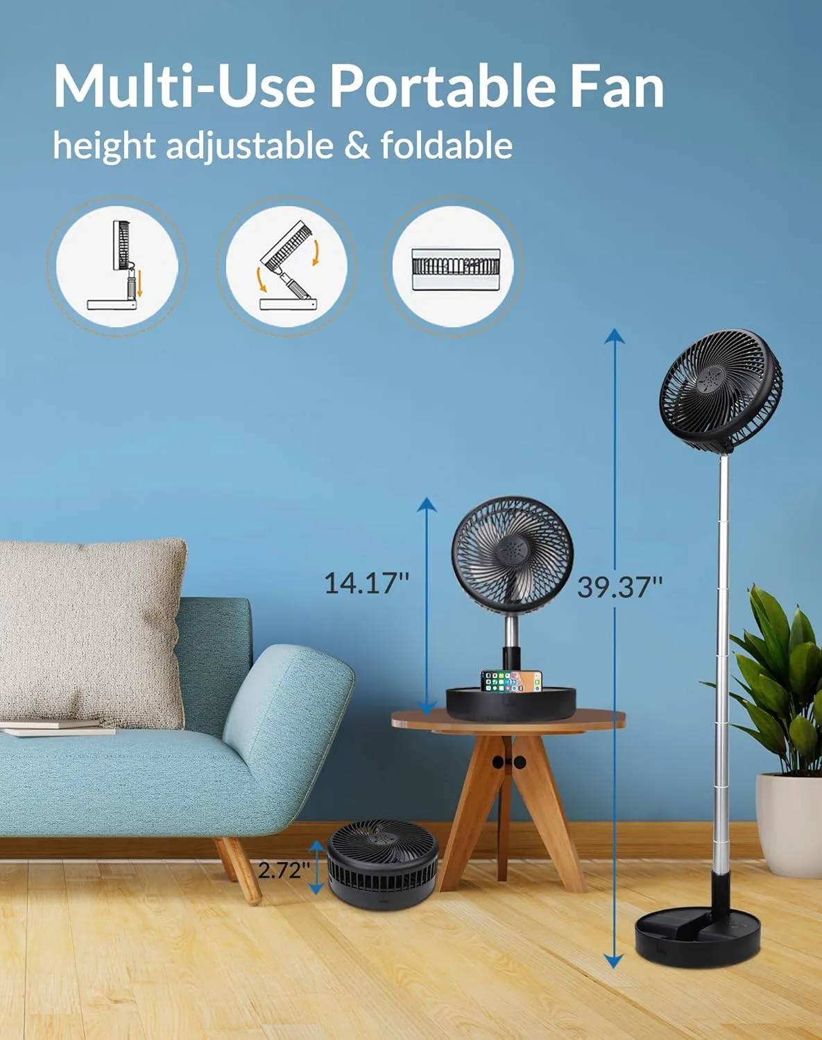 Primevolve Battery Operated Fan,Portable Rechargeable USB Floor Table Desk Fan with Adjustable Height, 4 Speed Settings Pedestal Fan for Bedroom Camping Travel,Black 7.7"