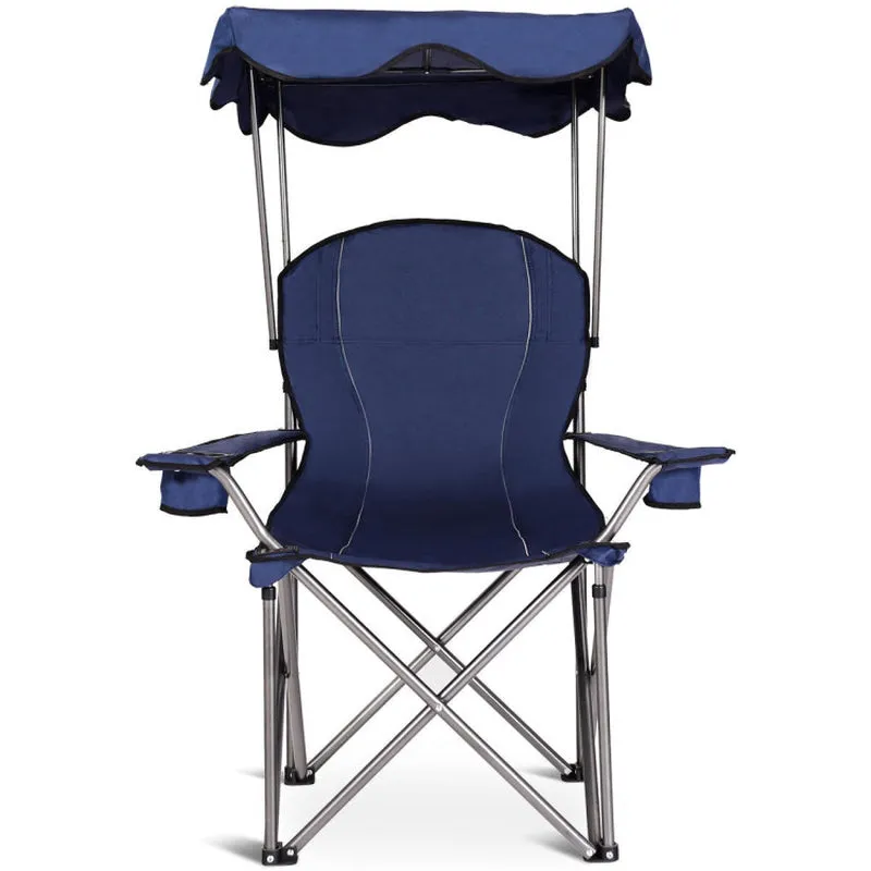 Professional title: ```Blue Portable Folding Beach Chair with Canopy and Cup Holders```