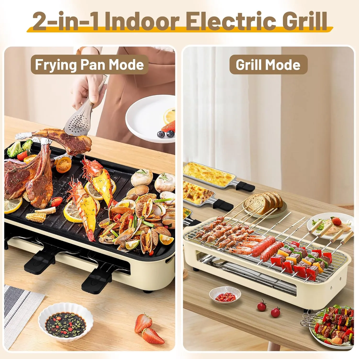 Pukomc Electric Indoor Grill,2 in 1 Indoor Grills for Kitchen with Grill Net & Non-Stick Cooking Removable Plate, Temperature Control, Dishwasher Safe, 1500W Smokeless barbecue