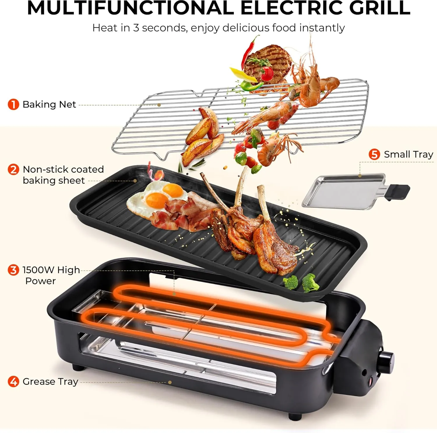 Pukomc Electric Indoor Grill,2 in 1 Indoor Grills for Kitchen with Grill Net & Non-Stick Cooking Removable Plate, Temperature Control, Dishwasher Safe, 1700W Black