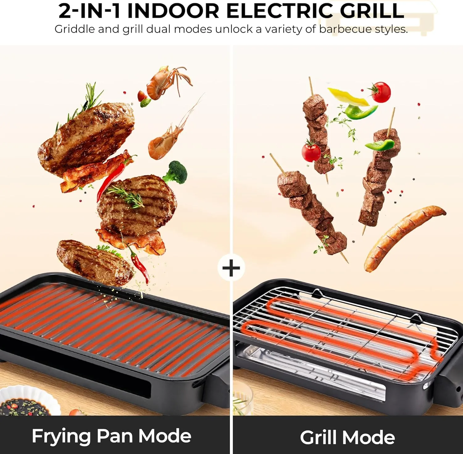 Pukomc Electric Indoor Grill,2 in 1 Indoor Grills for Kitchen with Grill Net & Non-Stick Cooking Removable Plate, Temperature Control, Dishwasher Safe, 1700W Black