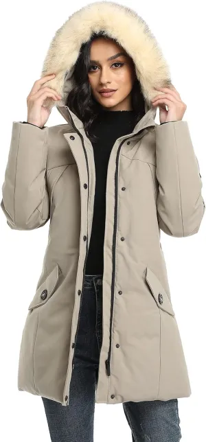 PUREMSX Winter Coat for Women, Thick Warm Fur Hood Insulated Vegan Down Padded Jacket Parka XS-XXL