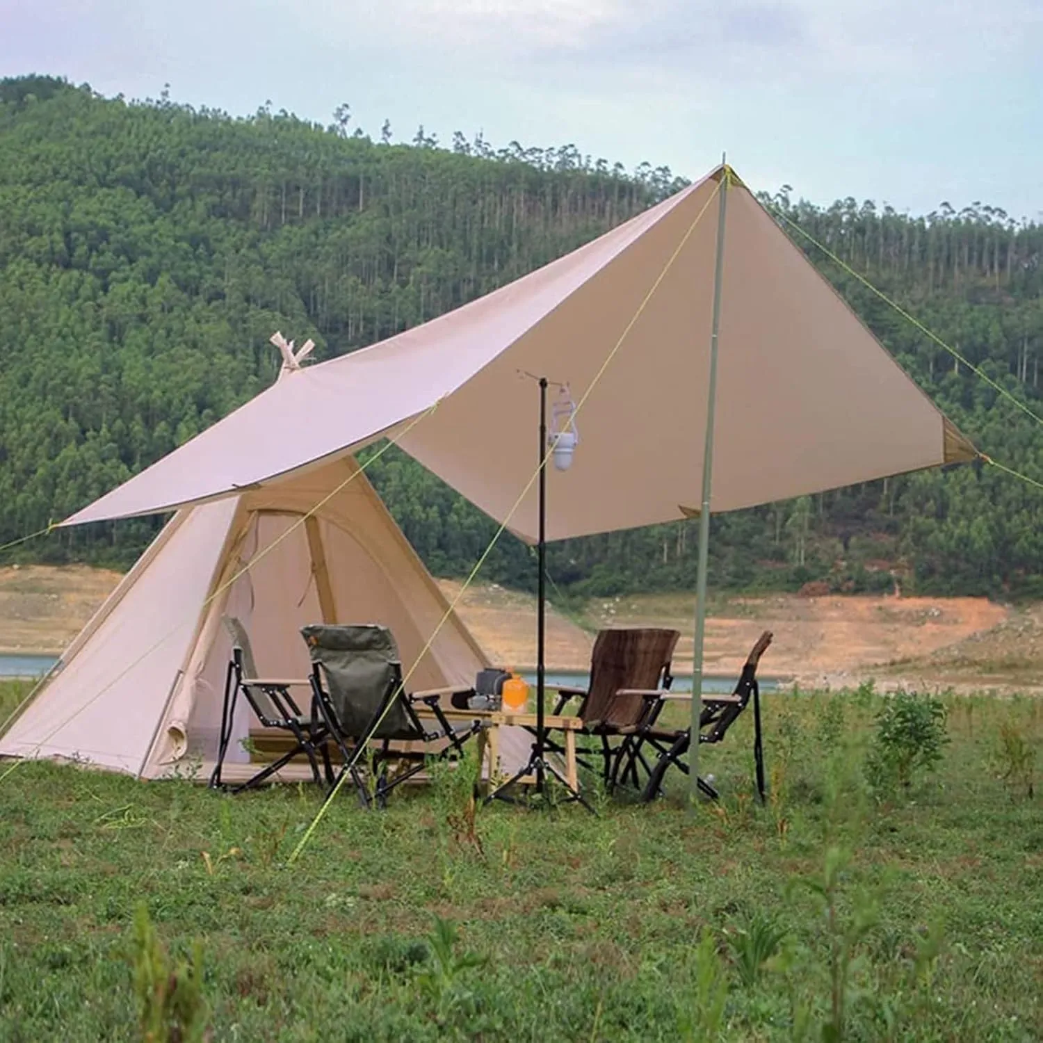 Pyramid Tent Indian Teepee Tents with Sun Shelter 3 4 People Family Tent Waterproof Outdoor Camping Cotton Tent Yurt Tent for Mountaineering Hiking Camping