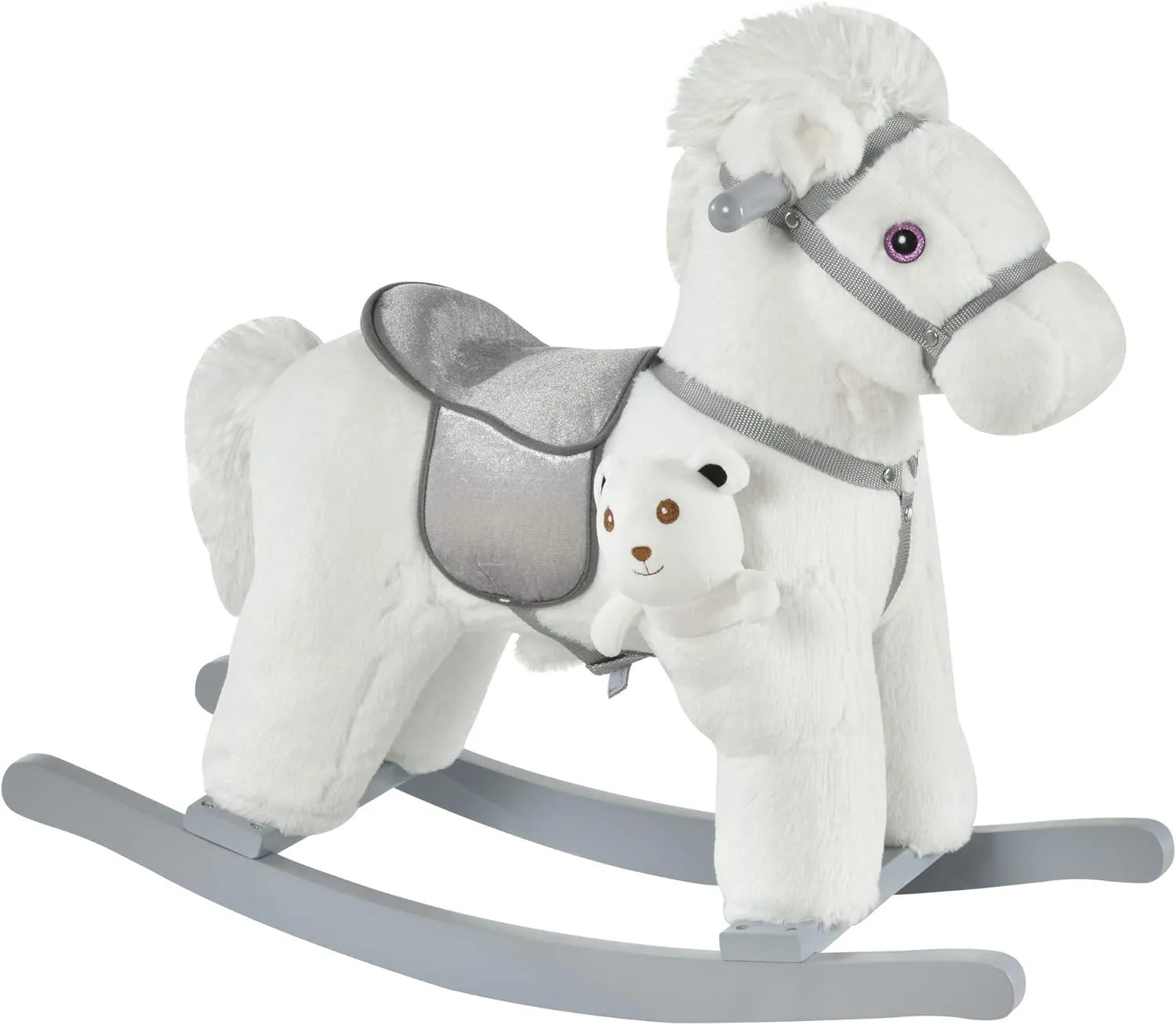 Qaba Kids Plush Ride-On Rocking Horse with Bear Toy, Children Chair with Soft Plush Toy & Fun Realistic Sounds, White