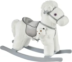 Qaba Kids Plush Ride-On Rocking Horse with Bear Toy, Children Chair with Soft Plush Toy & Fun Realistic Sounds, White