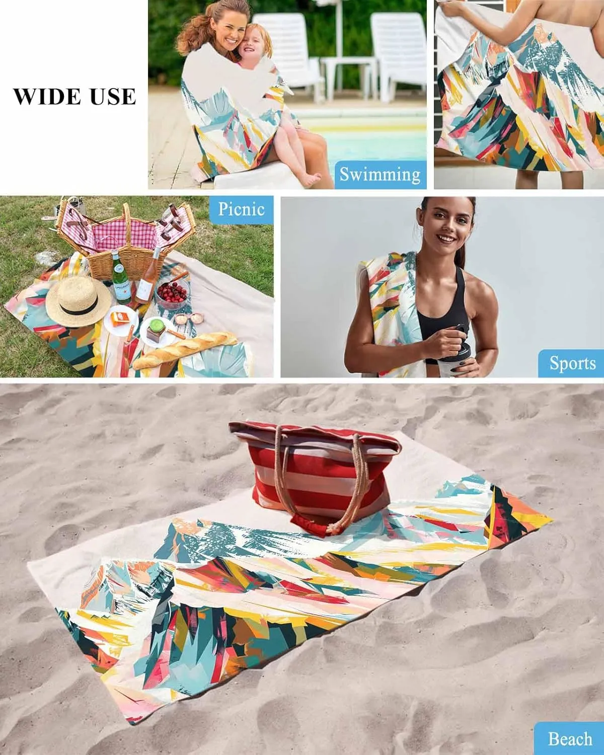 Quick-Drying Microfiber Beach Towel, Abstract Art Soft Absorbent Bath Shower Towels, Oil Painting Mountains Lightweight Portable Towel/Blanket for Travel/Swimming Pool/Camping/Yoga/Gym，35x70 Inch