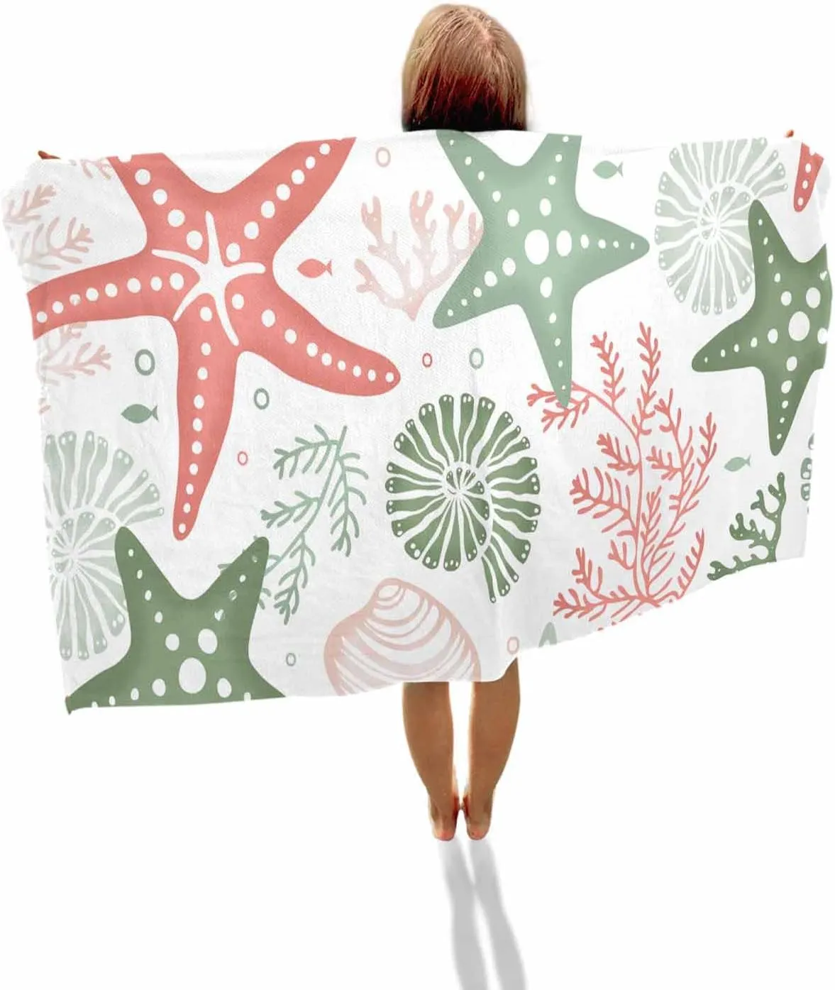 Quick-Drying Microfiber Beach Towel, Orange Green Soft Absorbent Bath Shower Towels, Sea Coral Starfish Shell Lightweight Portable Towel/Blanket for Travel/Swimming Pool/Camping/Yoga/Gym，35x70 Inch