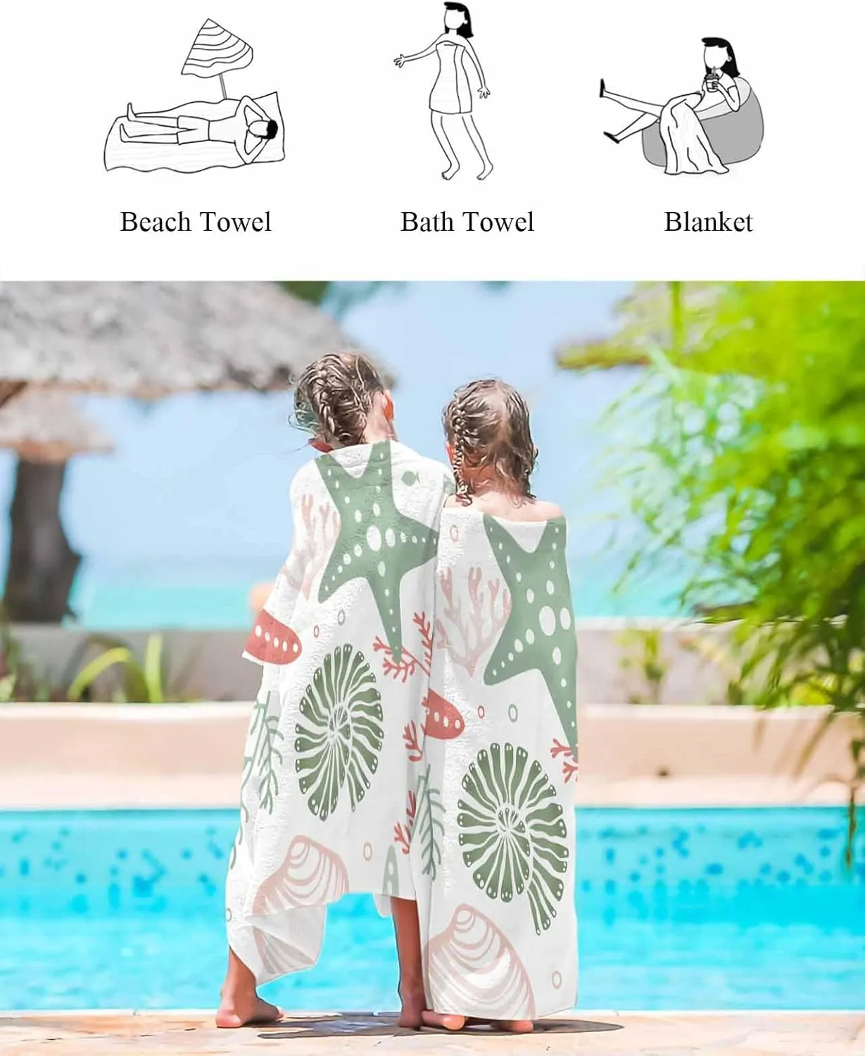 Quick-Drying Microfiber Beach Towel, Orange Green Soft Absorbent Bath Shower Towels, Sea Coral Starfish Shell Lightweight Portable Towel/Blanket for Travel/Swimming Pool/Camping/Yoga/Gym，35x70 Inch