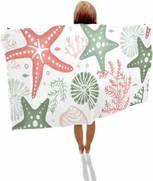 Quick-Drying Microfiber Beach Towel, Orange Green Soft Absorbent Bath Shower Towels, Sea Coral Starfish Shell Lightweight Portable Towel/Blanket for Travel/Swimming Pool/Camping/Yoga/Gym，35x70 Inch