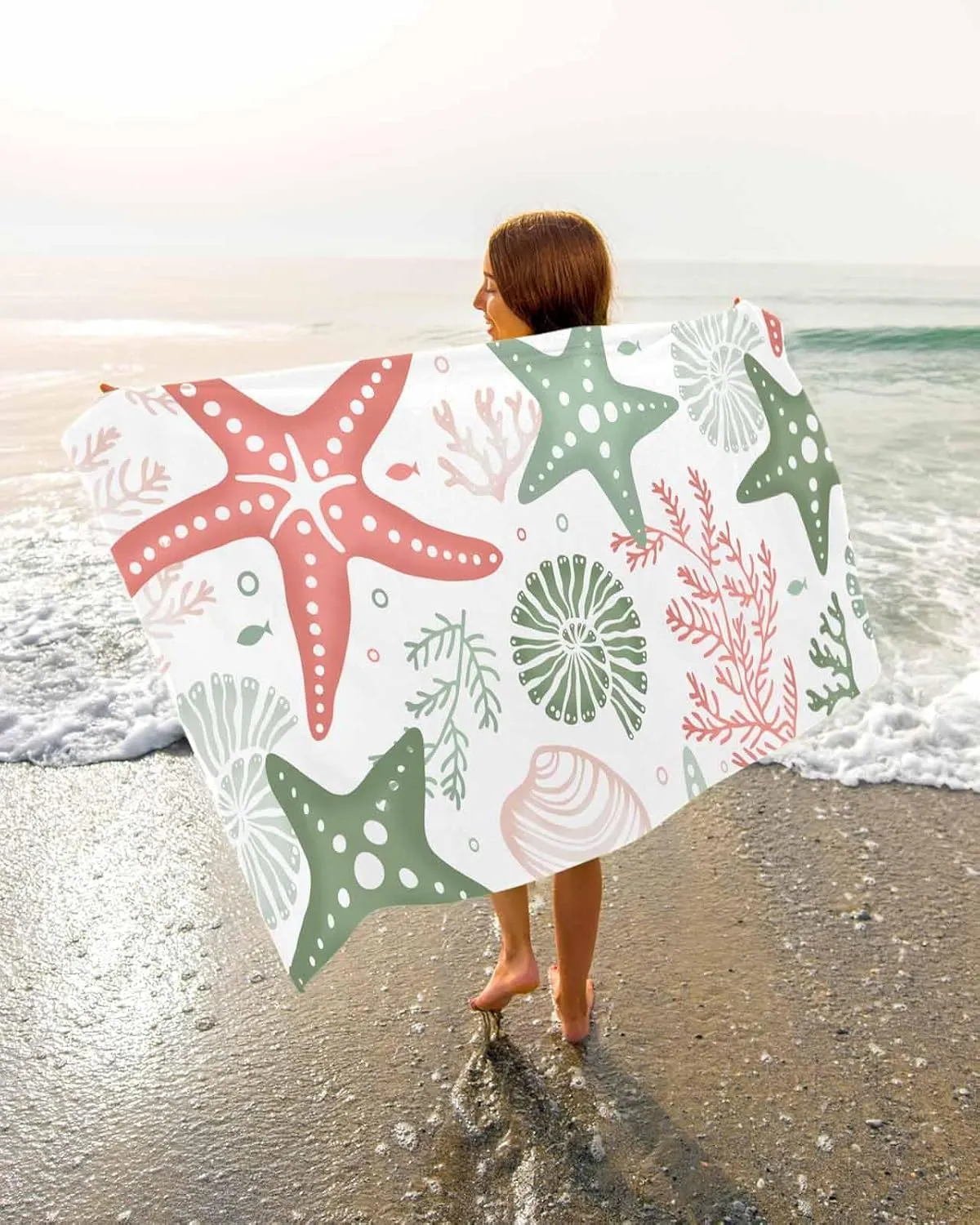 Quick-Drying Microfiber Beach Towel, Orange Green Soft Absorbent Bath Shower Towels, Sea Coral Starfish Shell Lightweight Portable Towel/Blanket for Travel/Swimming Pool/Camping/Yoga/Gym，35x70 Inch