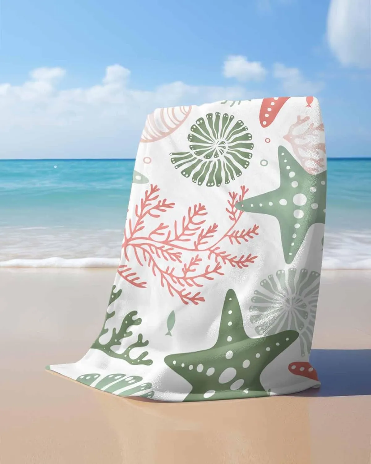 Quick-Drying Microfiber Beach Towel, Orange Green Soft Absorbent Bath Shower Towels, Sea Coral Starfish Shell Lightweight Portable Towel/Blanket for Travel/Swimming Pool/Camping/Yoga/Gym，35x70 Inch