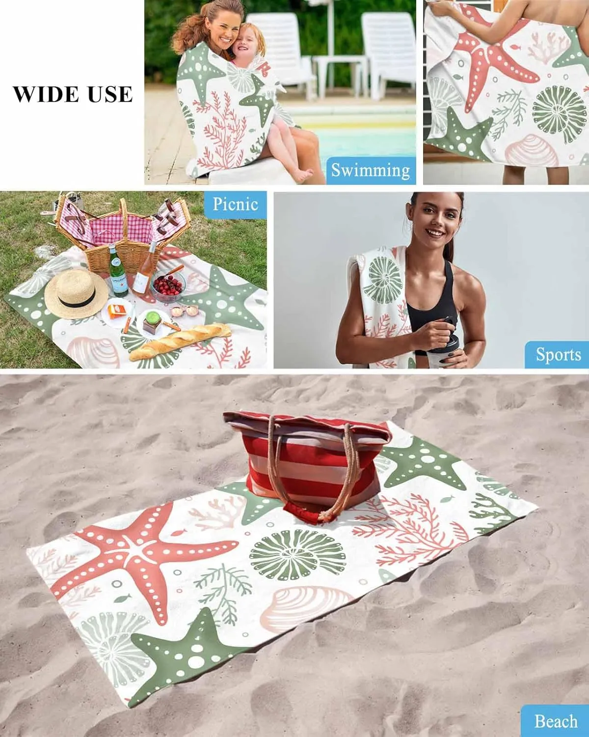 Quick-Drying Microfiber Beach Towel, Orange Green Soft Absorbent Bath Shower Towels, Sea Coral Starfish Shell Lightweight Portable Towel/Blanket for Travel/Swimming Pool/Camping/Yoga/Gym，35x70 Inch