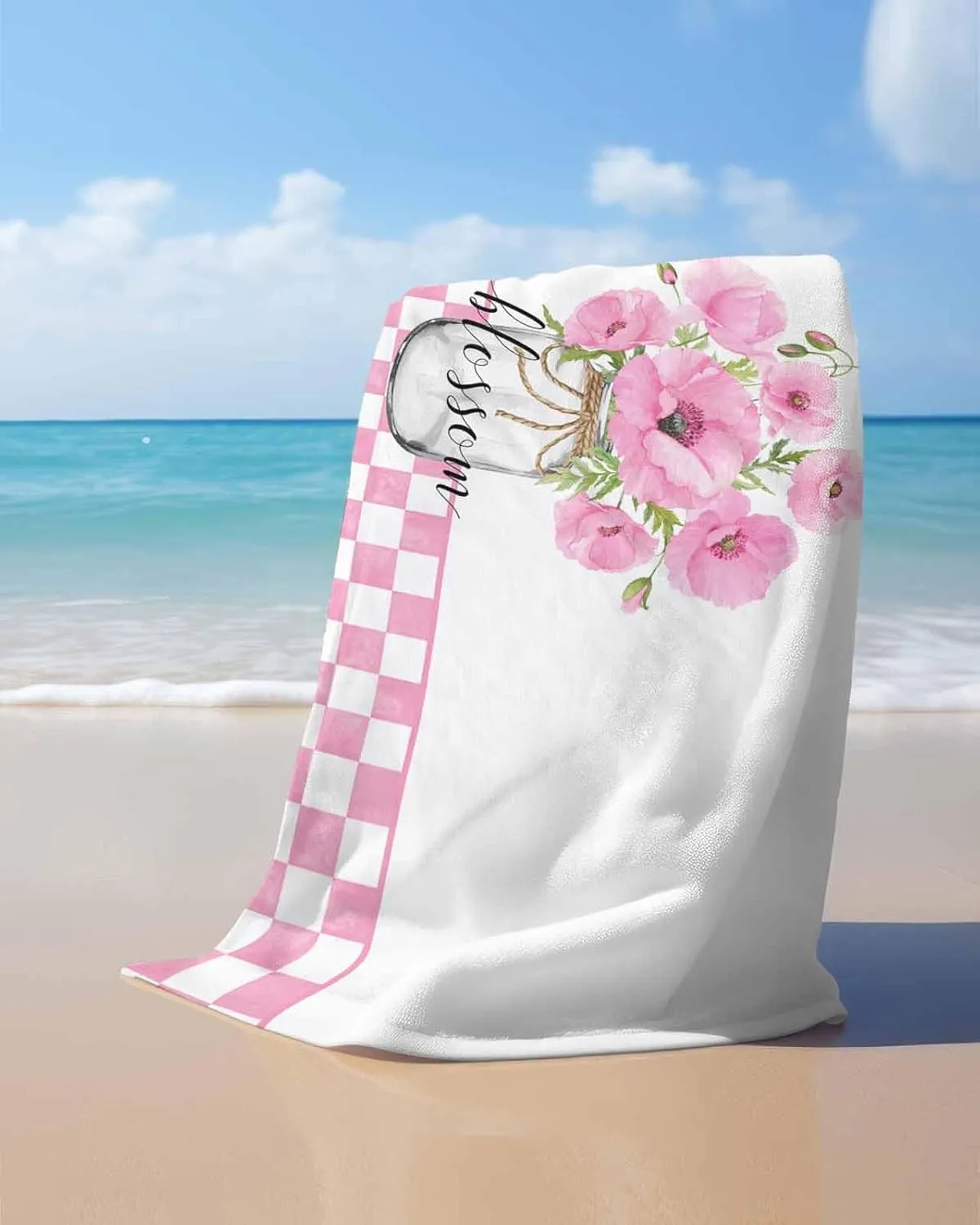 Quick-Drying Microfiber Beach Towel, Pink Flowers in Vase Soft Absorbent Bath Shower Towels, Buffalo Plaid Lightweight Portable Towel/Blanket for Travel/Swimming Pool/Camping/Yoga/Gym，35x70 Inch