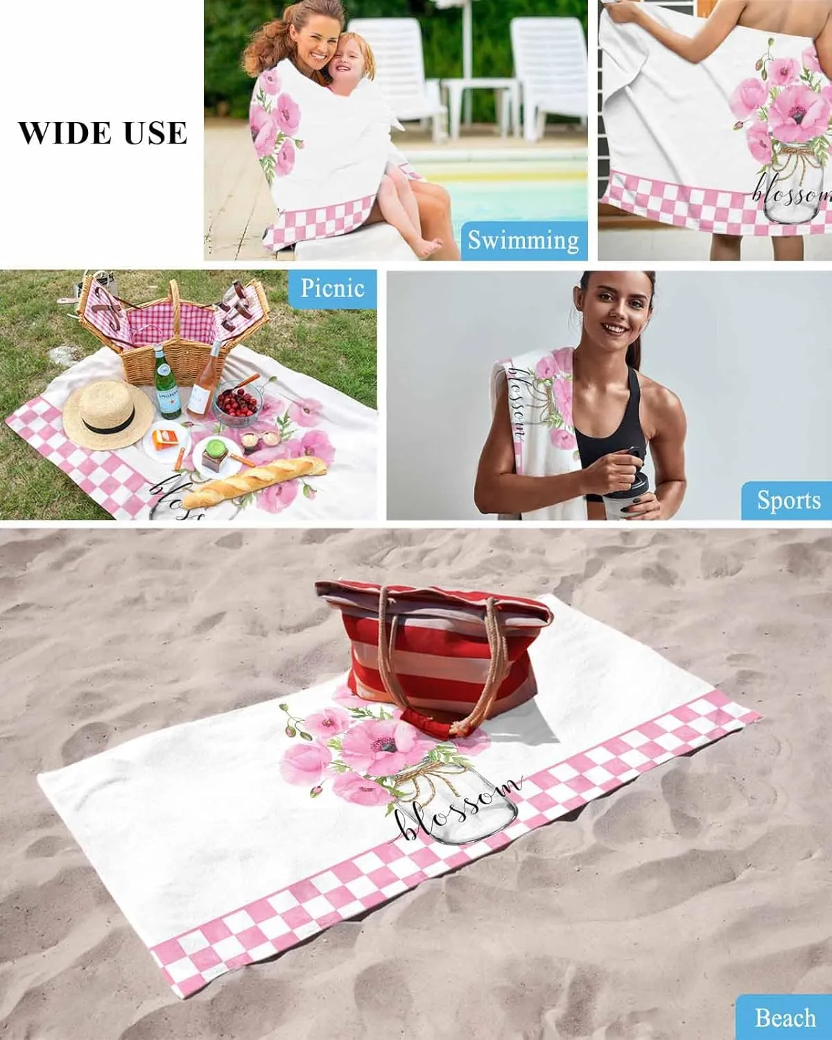 Quick-Drying Microfiber Beach Towel, Pink Flowers in Vase Soft Absorbent Bath Shower Towels, Buffalo Plaid Lightweight Portable Towel/Blanket for Travel/Swimming Pool/Camping/Yoga/Gym，35x70 Inch