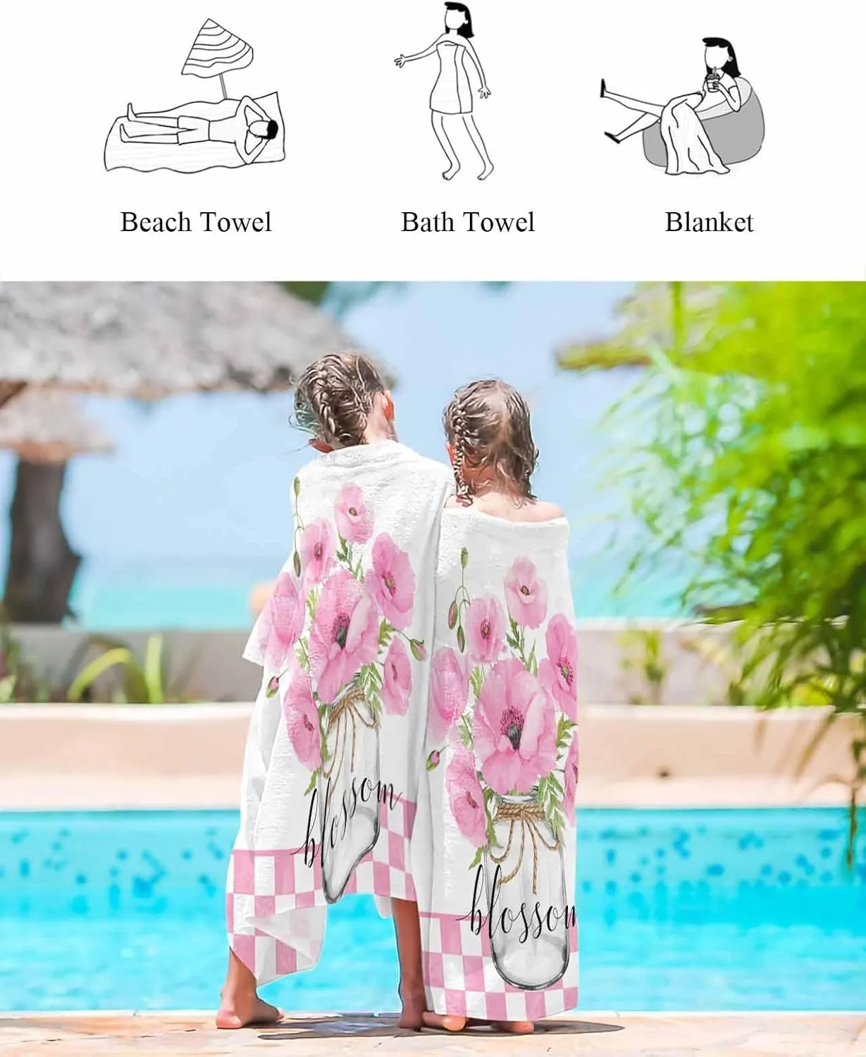 Quick-Drying Microfiber Beach Towel, Pink Flowers in Vase Soft Absorbent Bath Shower Towels, Buffalo Plaid Lightweight Portable Towel/Blanket for Travel/Swimming Pool/Camping/Yoga/Gym，35x70 Inch