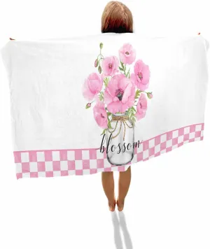 Quick-Drying Microfiber Beach Towel, Pink Flowers in Vase Soft Absorbent Bath Shower Towels, Buffalo Plaid Lightweight Portable Towel/Blanket for Travel/Swimming Pool/Camping/Yoga/Gym，35x70 Inch