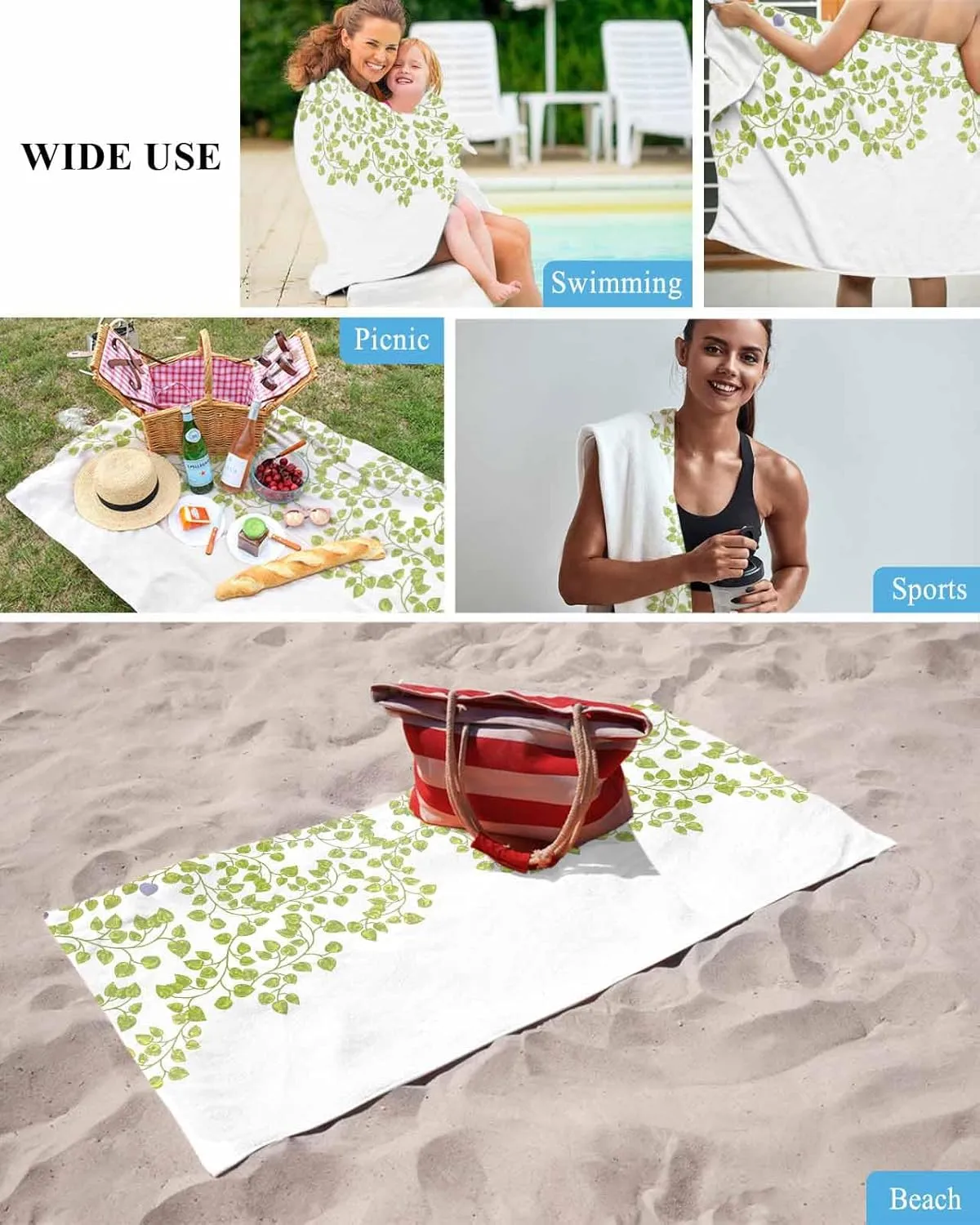 Quick-Drying Microfiber Beach Towel, Saga Green Leaves Soft Absorbent Bath Shower Towels, Country Plants Lightweight Portable Towel/Blanket for Travel/Swimming Pool/Camping/Yoga/Gym，35x70 Inch